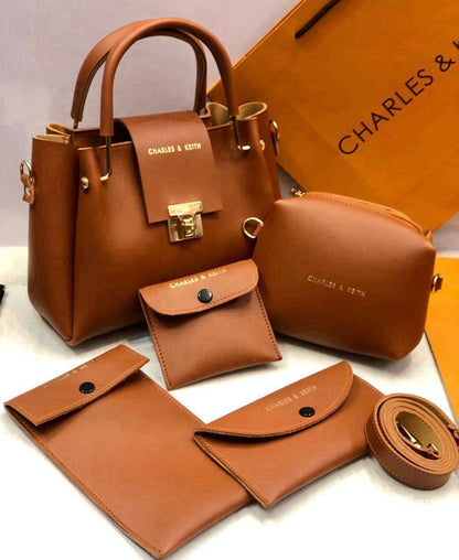 Stylish Women's Faux Leather Hand Bag Set - 5 Pcs